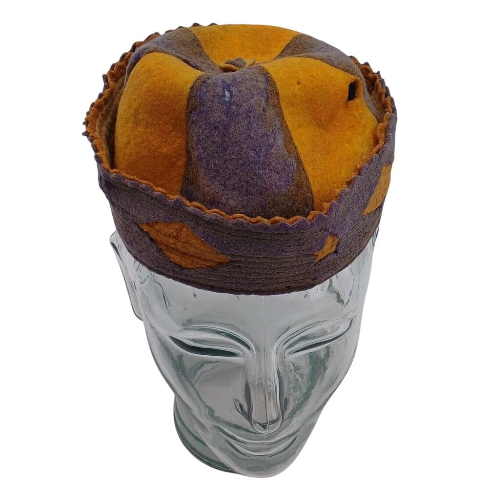 Vintage 2-Tone Yellow / Purple Wool Hat Beanie Cap GEOMETRIC Diamond Star Design